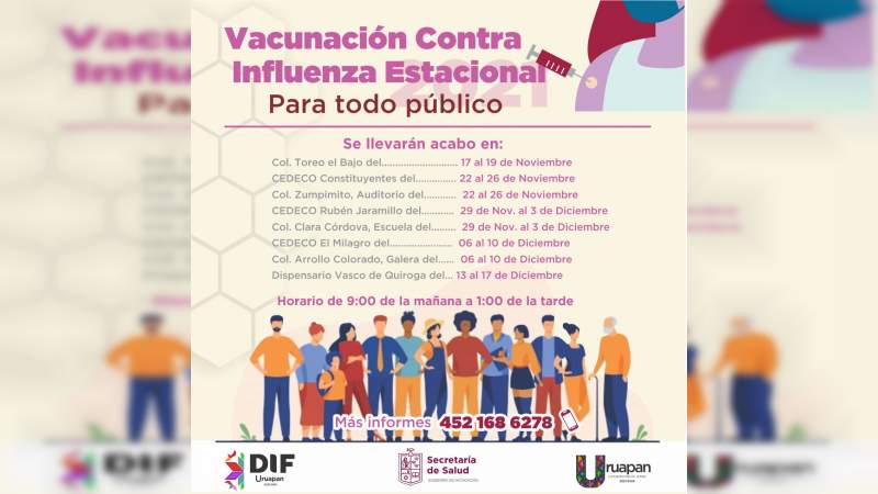 Implementan campaña de vacunación contra influenza estacionaria en colonias de Uruapan 