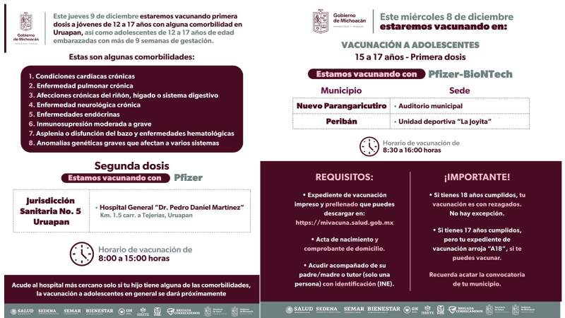 Aplicarán segunda dosis contra Covid-19 a menores de 12 a 17 años en Uruapan  