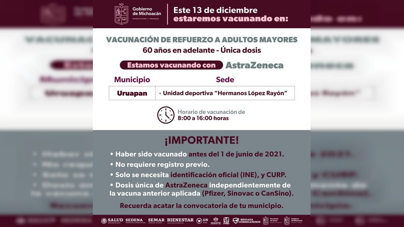 La vacunación para adultos mayores continuara en Uruapan el 13 de diciembre  