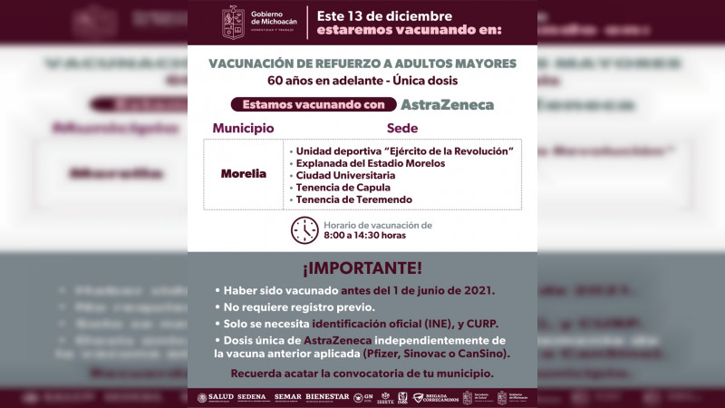 Habrá más días para refuerzo de vacunación anti COVID-19 a adultos mayores en Morelia 