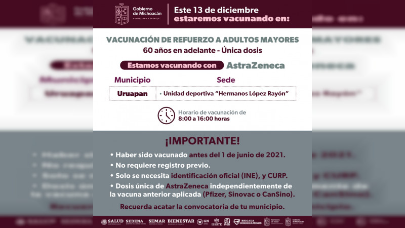 Continúa vacunación de refuerzo Covid-19 para adultos mayores en Uruapan  