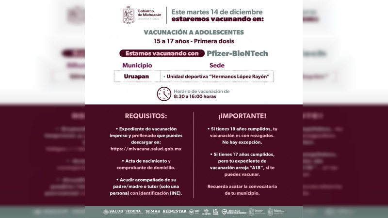 Comienza vacunación con primera dosis contra Covid-19 en Uruapan 
