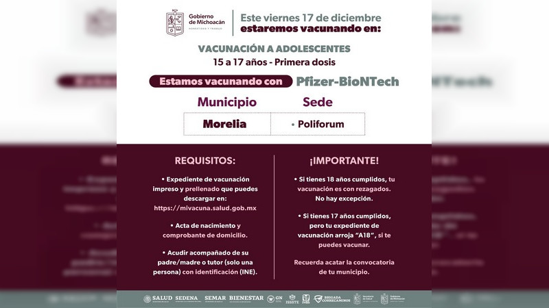 Continua la aplicacion de vacuna anti Covid-19 para adolescentes, en Morelia  