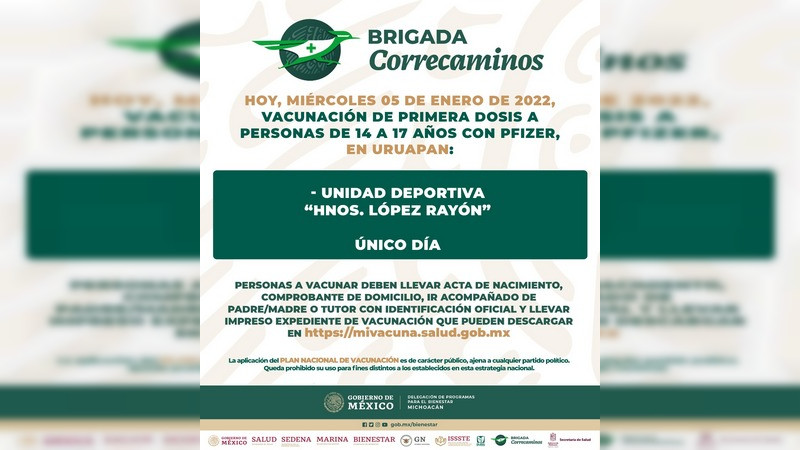 Inicia vacunación anticovid  en Uruapan a menores de 14 a 17 años primera y segunda dosis