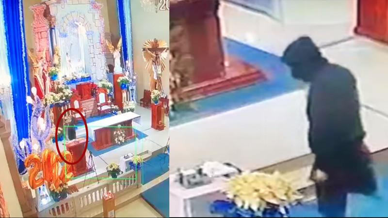 Ladrón hace reverencia al altar tras robar micrófonos del Santuario de Guadalupe en Pátzcuaro 