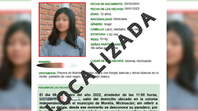 Localizan a Meredith de 12 años reportada como desaparecida en la colonia Independencia 