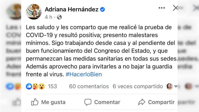 Diputada Adriana Hernández y Fidel Calderón resultan positivo a Covid-19 