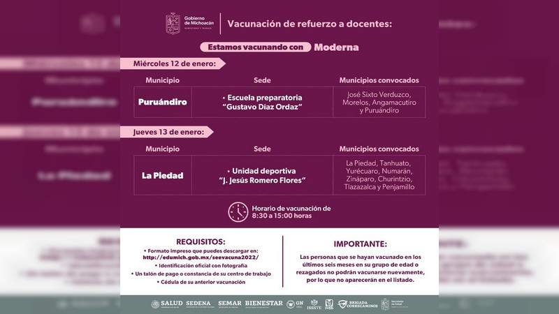 Inicia en Michoacán el refuerzo anti covid-19 para el sector educativo, a partir del 12 al 15 de enero 