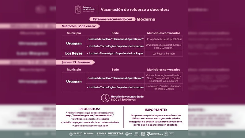 Inicia en Michoacán el refuerzo anti covid-19 para el sector educativo, a partir del 12 al 15 de enero 