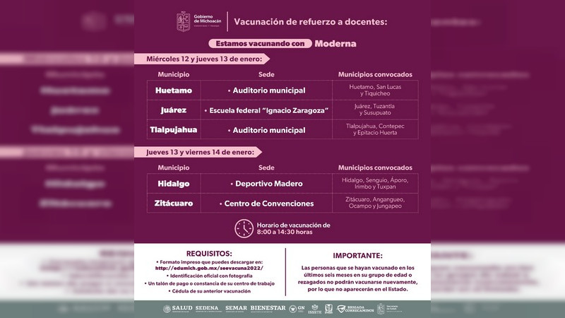 Inicia en Michoacán el refuerzo anti covid-19 para el sector educativo, a partir del 12 al 15 de enero 