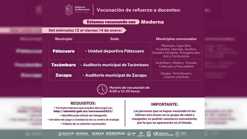 Inicia en Michoacán el refuerzo anti covid-19 para el sector educativo, a partir del 12 al 15 de enero 