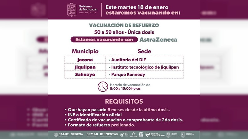 Inicia la aplicación de vacunas de refuerzo en 24 municipios en Michoacán