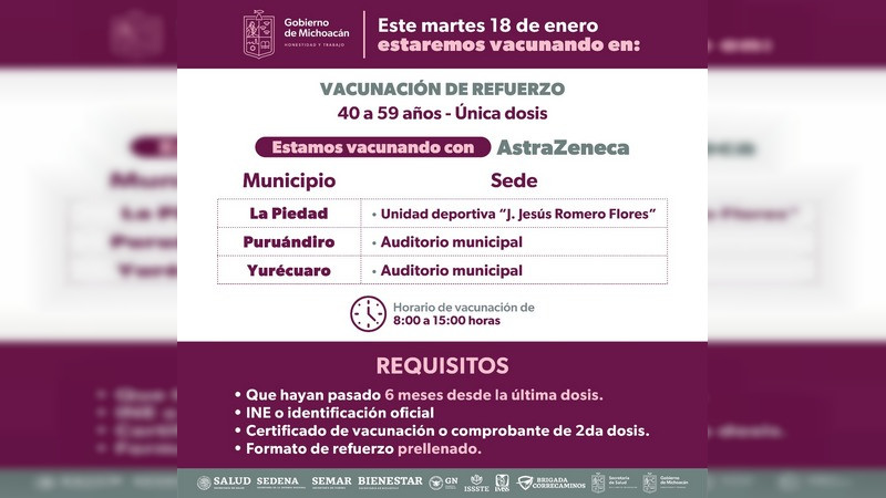 Inicia la aplicación de vacunas de refuerzo en 24 municipios en Michoacán
