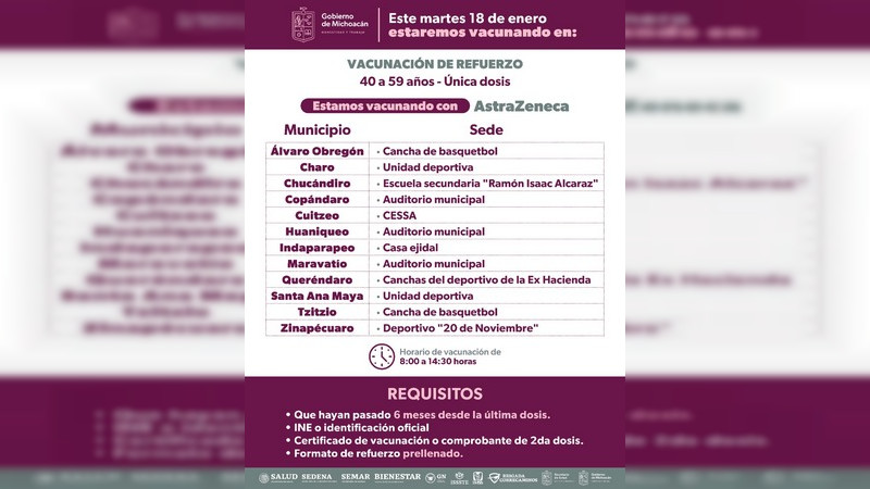Inicia la aplicación de vacunas de refuerzo en 24 municipios en Michoacán