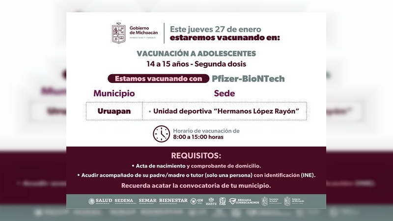 Vacunación contra COVID-19 a adolescentes, embarazadas y docentes en Uruapan, Michoacán