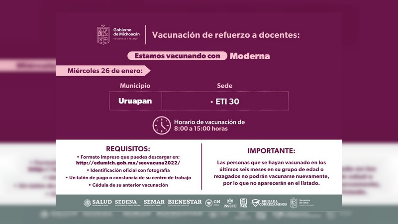 Vacunación contra COVID-19 a adolescentes, embarazadas y docentes en Uruapan, Michoacán