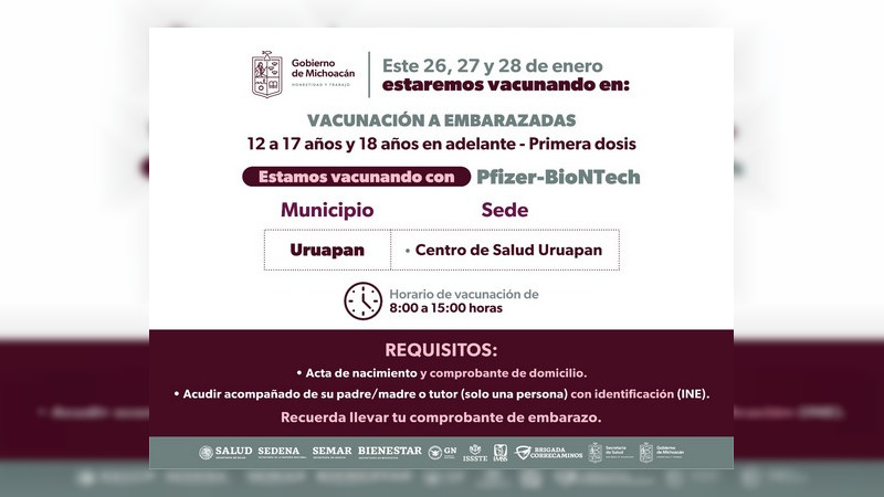 Vacunación contra COVID-19 a adolescentes, embarazadas y docentes en Uruapan, Michoacán