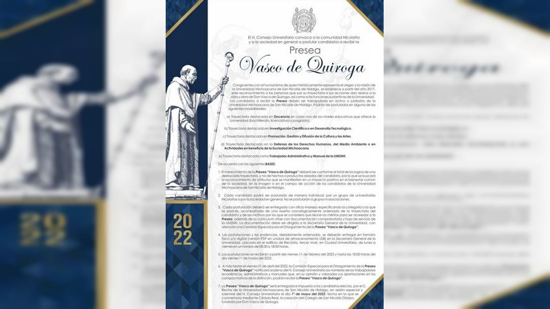 Lanza UMSNH convocatoria para la presea Vasco de Quiroga 