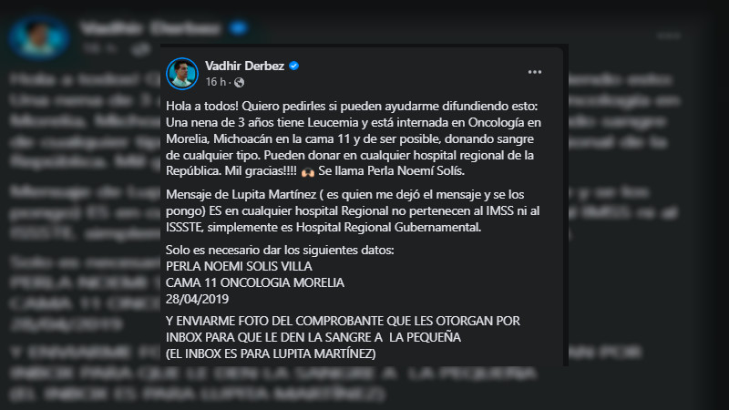 Vadhir Derbez pide ayuda para niña internada que padece Leucemia en hospital de Oncología en Morelia  
