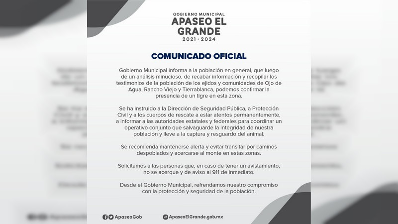 Reportan presencia de un tigre en la comunidad Ojo de Agua, en Apaseo el Grande  