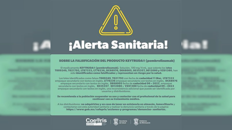 Secretaria de Salud de Michoacán alerta sobre falsificación del producto Keytruda  