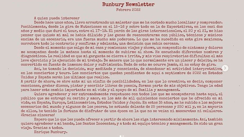  Enrique Bunbury anuncia su retiro de los escenarios: ¡Gracias sinceras!