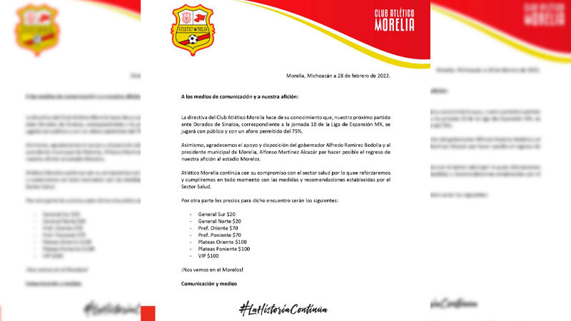 Sí habrá público en próximo encuentro del Atlético Club Morelia en el Morelos