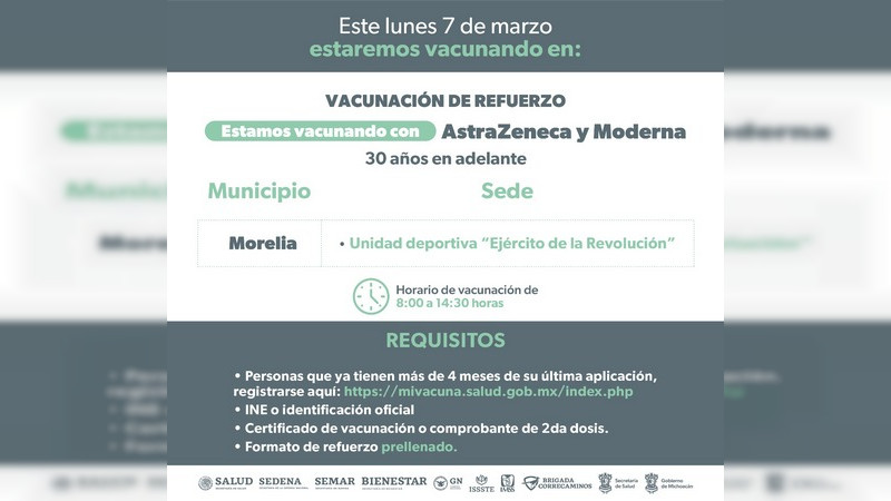 Dosis de refuerzo anti COVID-19 para adultos de30 a 39 años, a partir del 7 de marzo, en Morelia, Michoacán  