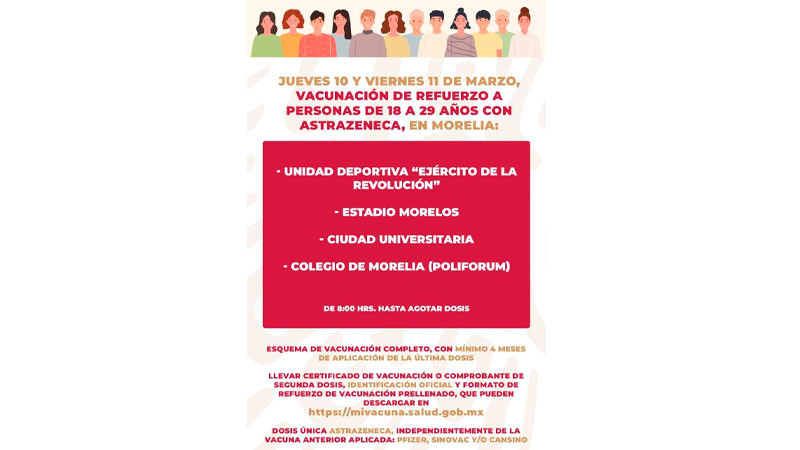 Jueves y viernes vacunación de refuerzo para jóvenes de 18 a 29 años en Morelia