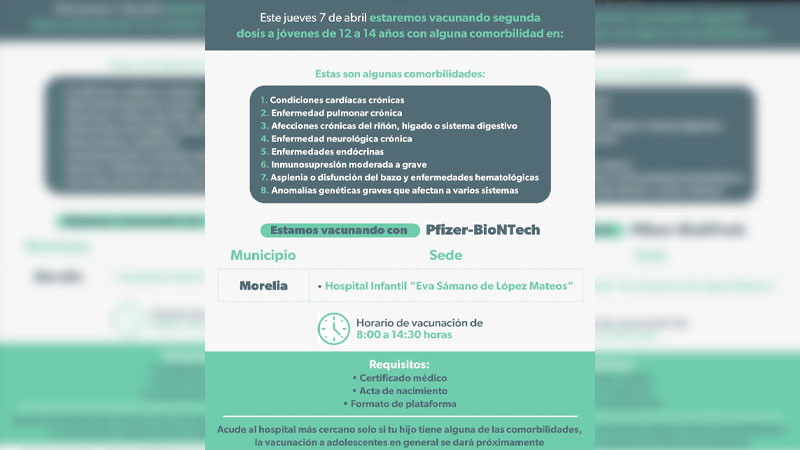 En Morelia, este jueves aplican segunda dosis contra Covid-19 a menores de 12 a 14 años con comorbilidades