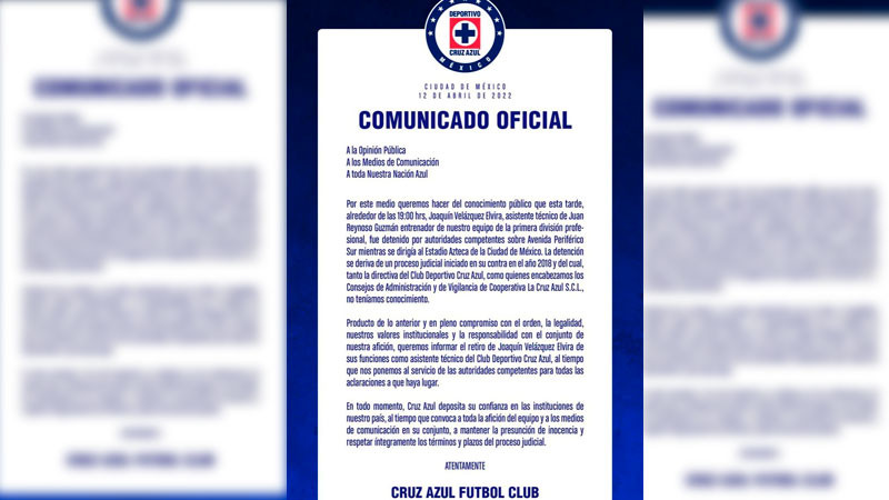 Joaquín Velázquez, auxiliar de Reynoso es detenido; Cruz Azul lo separa de su cargo