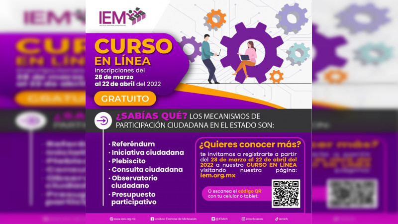 ¿Democracia participativa?, inscríbete al curso sobre mecanismos de participación ciudadana en michoacán que realiza el iem