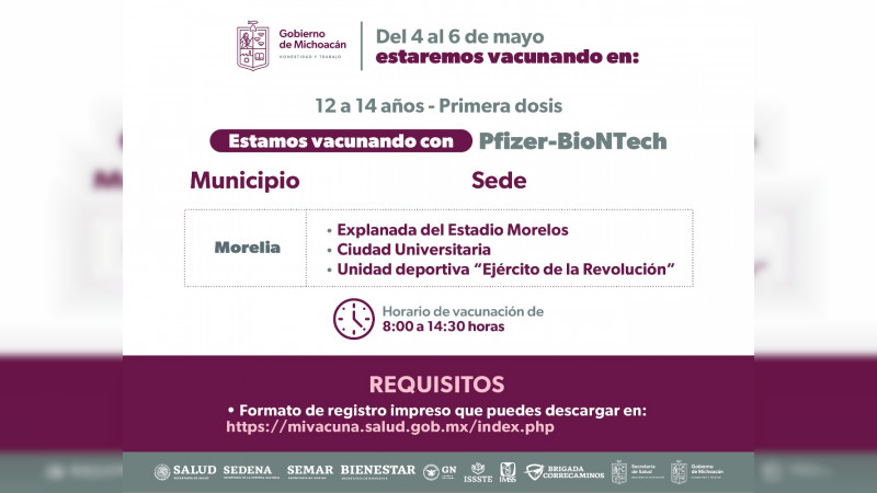 Instalarán 3 macro módulos de vacunación anti COVID-19 para mayores de 12 años en Morelia 