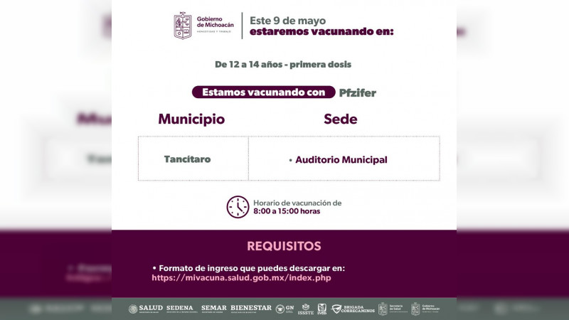 Vacunación para jóvenes de 12 a 17 años continua en el interior del estado de Michoacán 
