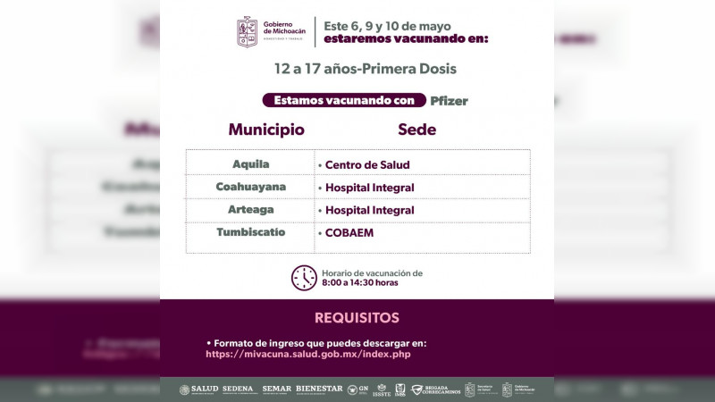 Vacunación para jóvenes de 12 a 17 años continua en el interior del estado de Michoacán 