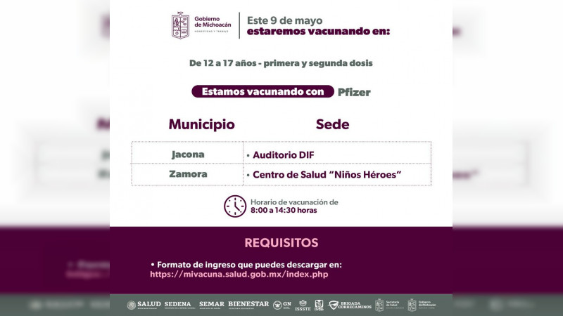 Vacunación para jóvenes de 12 a 17 años continua en el interior del estado de Michoacán 