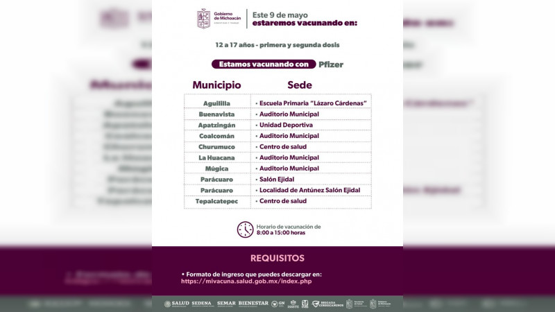 Vacunación para jóvenes de 12 a 17 años continua en el interior del estado de Michoacán 