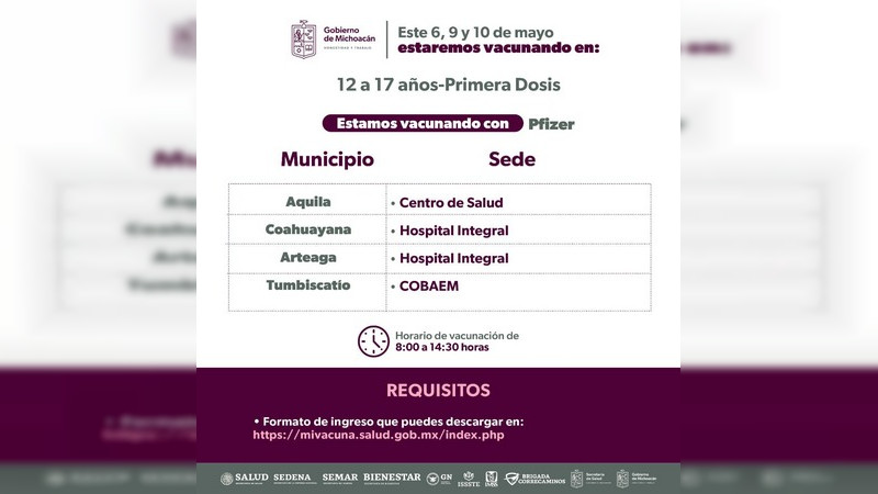 Aplicarán vacuna anti COVID-19 a menores de 12 a 17 años en Arteaga, Aquila, Cohuayana y Tumbiscatío 