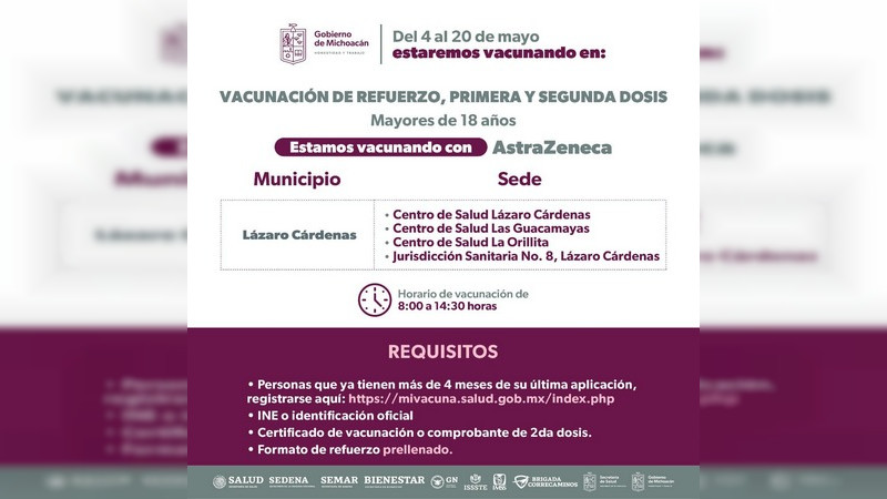 Completarán esquemas anti COVID-19 a mayores de 18 años en 18 municipios de Michoacán 