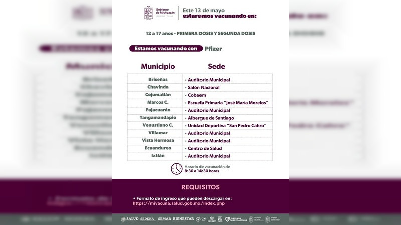 Mantiene SSM vacunación anti COVID-19 a jóvenes de entre 12 a 17 años en 11 municipios 