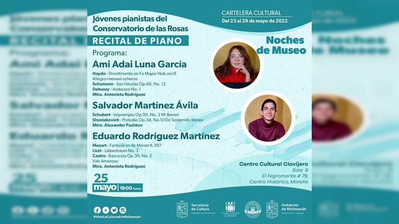 Alumnos del Conservatorio de las Rosas, darán un concierto de piano en el Centro Cultural Clavijero  