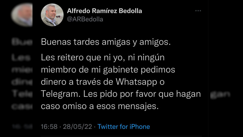 Alerta gobernador michoacano sobre posible fraude cibernético en un su nombre