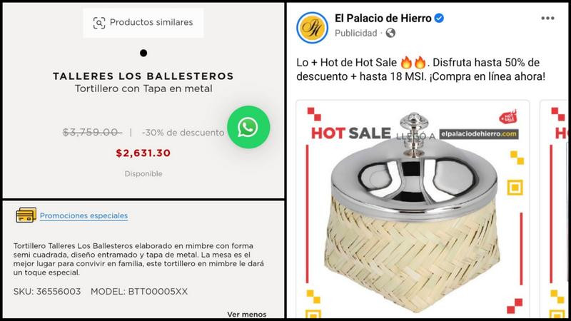 Palacio de Hierro vende tortillero de mimbre en 2 mil 631 pesos  