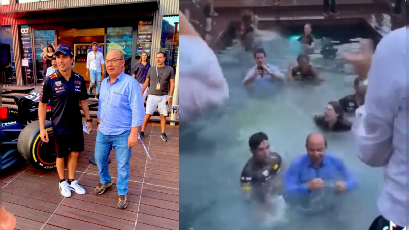 Checo Pérez festeja su triunfo en Mónaco, con chapuzón al expresidente Felipe Calderón 