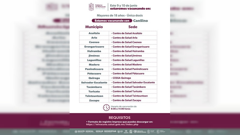 Instalarán 44 puestos de inmunización anti COVID-19 para rezagados al interior del estado de MIchoacán