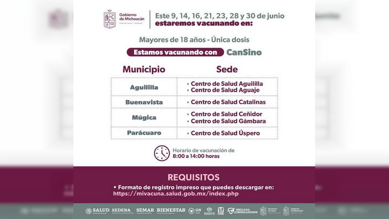 Instalarán 44 puestos de inmunización anti COVID-19 para rezagados al interior del estado de MIchoacán