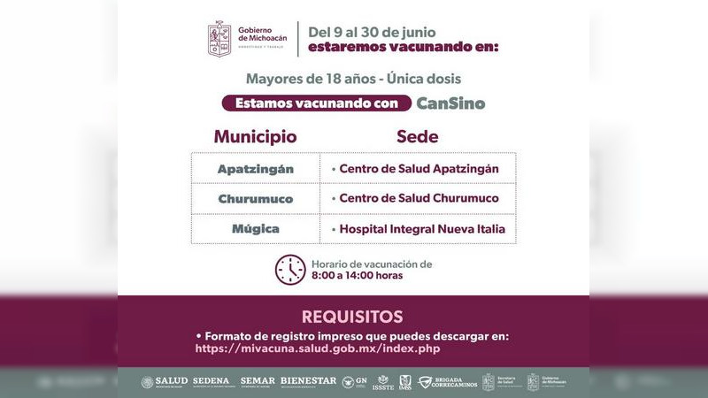 Instalarán 44 puestos de inmunización anti COVID-19 para rezagados al interior del estado de MIchoacán