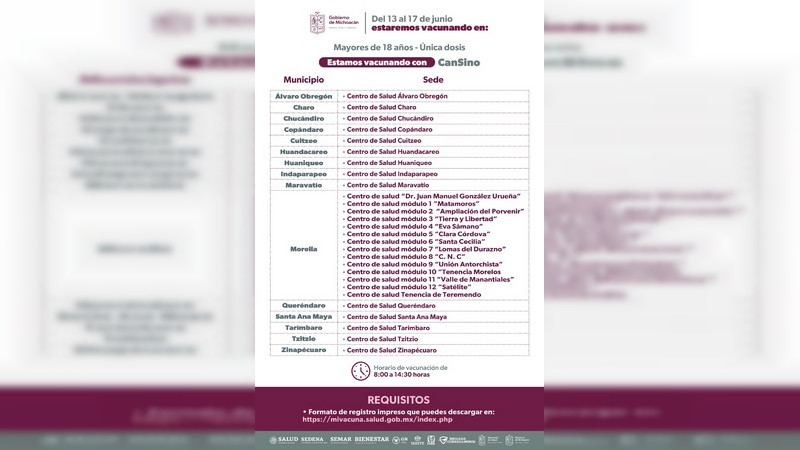 Del 13 al 17 de junio, 14 centros de salud de Morelia vacunarán a rezagados mayores de 18 años 