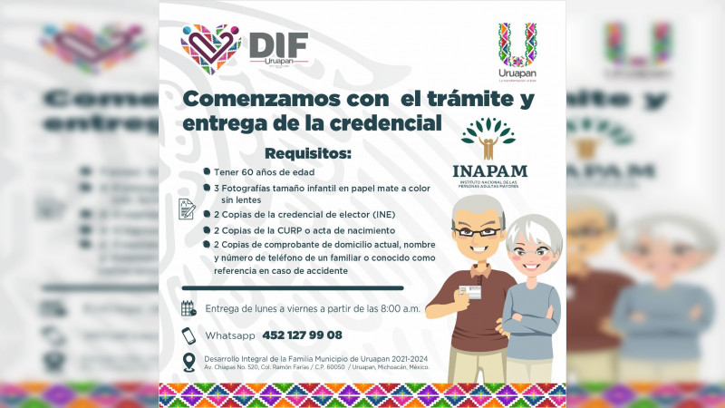 Abre DIF municipal de Uruapan convocatoria para tramitar credencial del Inapam 