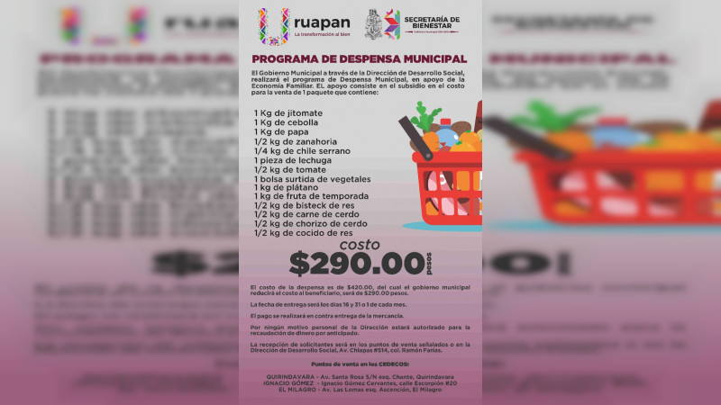 Gobierno del Bien lanza programa de despensa municipal en Uruapan  